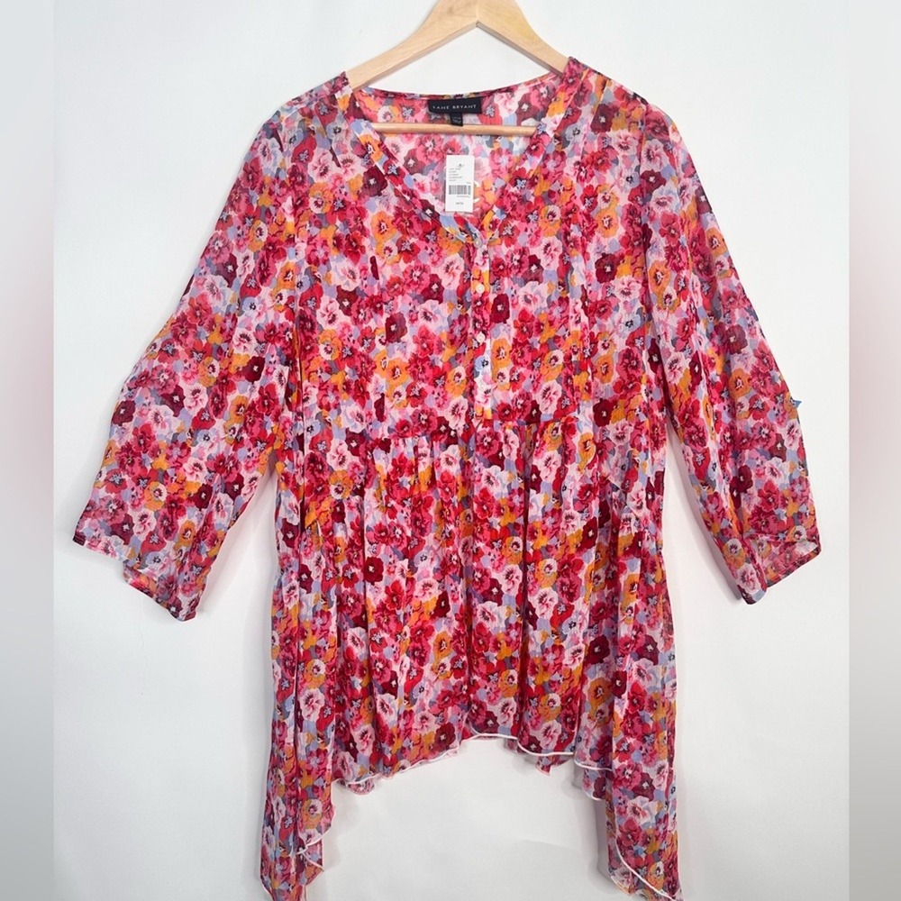 Lane Bryant Floral V Neck Handkerchief Hem Tunic Top Pink Orange 14/16 NEW